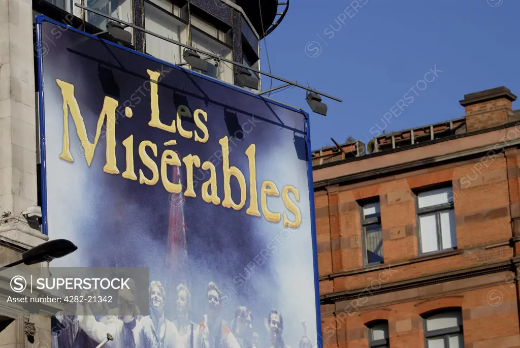 England, London, Shaftesbury Avenue. Les Miserables bill board outside the Queen's Theatre in Shaftesbury Avenue.