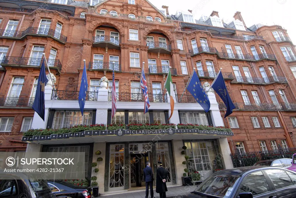 England, London, Mayfair. Claridge's exterior. Claridge's flourished after the First World War due to demand from aristocrats who no longer maintained a London house.