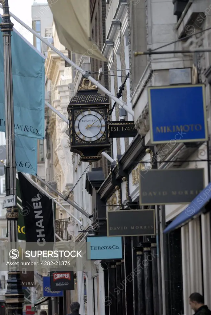 England, London, Old Bond Street. Shop signs in Old Bond Street.