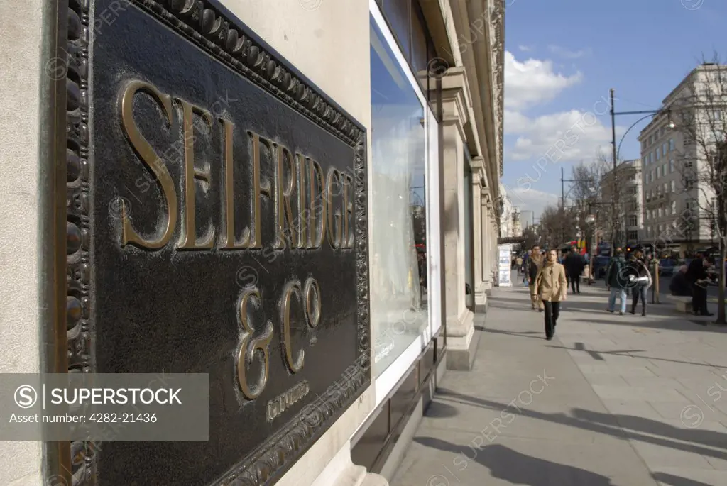 England, London, Oxford Street. Selfridge & Co Limited sign on their store in Oxford Street.