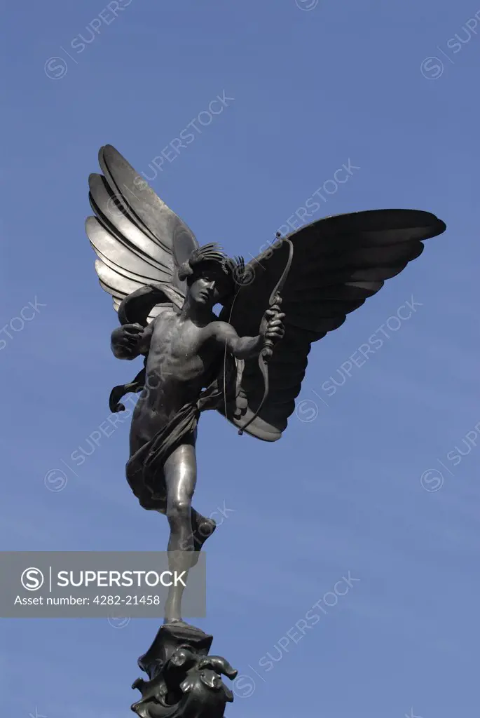 England, London, Piccadilly Circus. The statue of Eros. Unveiled in 1893 and originally called the Shaftesbury Monument, this aluminium statue was erected as a memorial to the philanthropist Lord Shaftesbury.