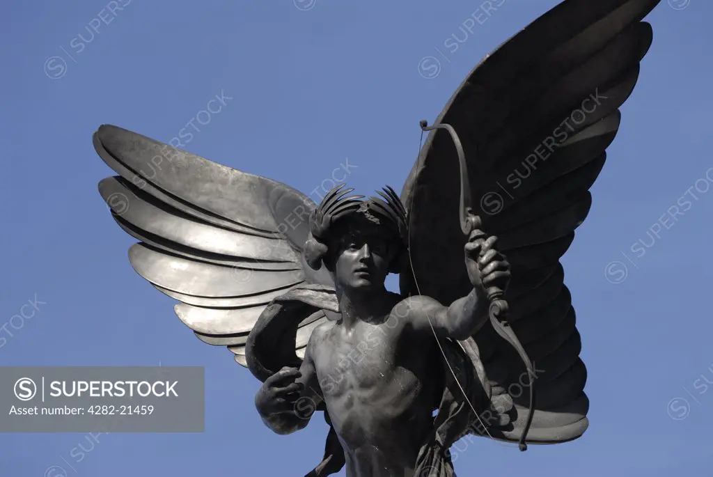 England, London, Piccadilly Circus. Detail of the statue of Eros. Unveiled in 1893 and originally called the Shaftesbury Monument, this aluminium statue was erected as a memorial to the philanthropist Lord Shaftesbury.