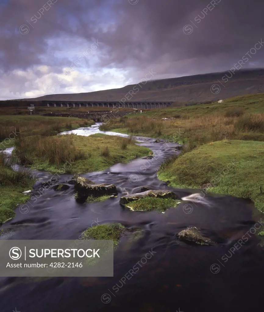 England, North Yorkshire, Ribblehead Viaduct. Ribblehead Viaduct, between Ingleton and Hawes, is an engineering marvel in the heart of the Yorkshire Dales National Park.