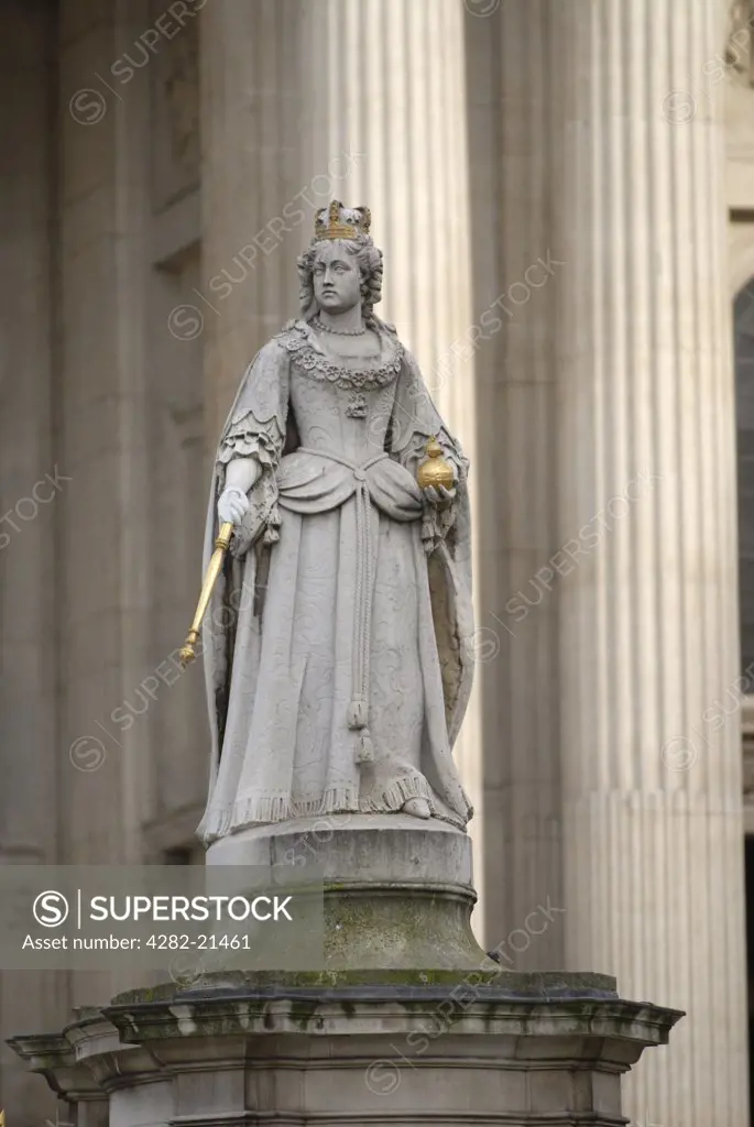 England, London, St. Paul's Cathedral. Detail of statue of Queen Anne outside St Paul's Cathedral.