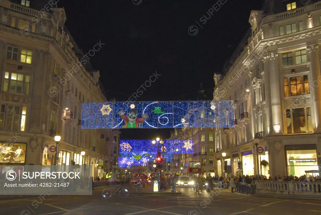 England, London, Oxford Circus. Oxford Circus with Christmas lights. Oxford Circus is at the junction of Regents Street and Oxford Street.