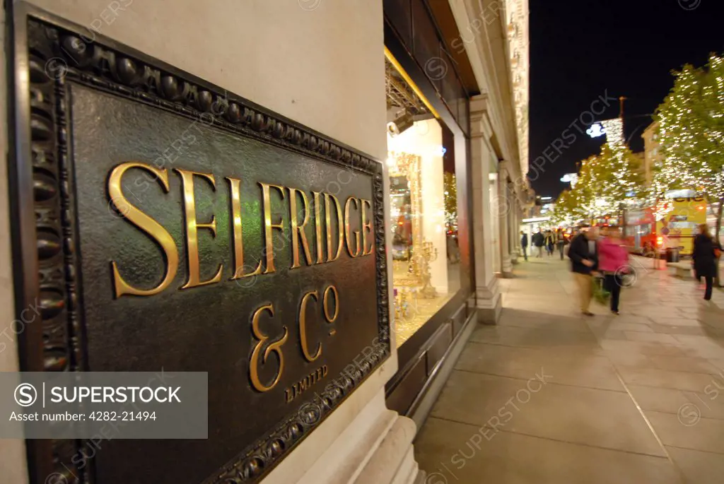 England, London, Oxford Street. Selfridges & Co Ltd sign on the front of their store in Oxford Street.