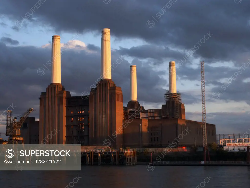England, London, Battersea. Battersea Power Station at last light.