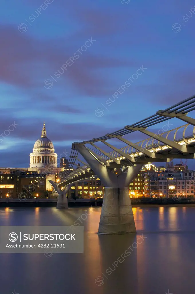 England, London, South Bank. Millennium Bridge and St Paul's Cathedral.