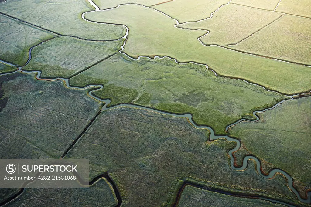 Aerial shot of the Kent Marshes along the Thames Estuary.