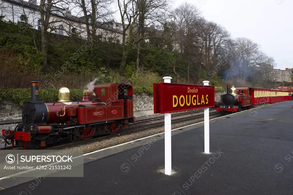 Steam trains at Douglas train station on the Isle Of Man.