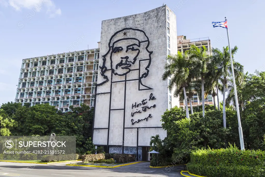 The outline of Che Guevaras face on the Ministries of the Interior and Communications building in Havana.