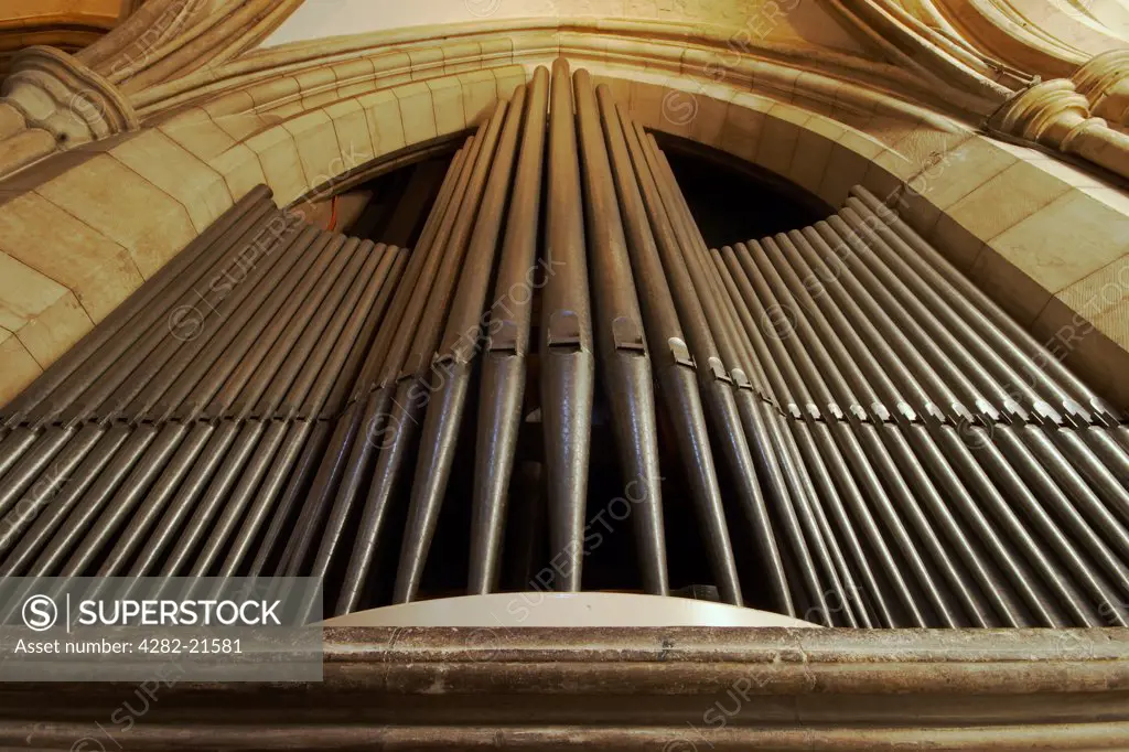England, London, Southwark. The organ pipes of Southwark Cathedral. William Shakespeare is believed to have been present when John Harvard, founder of the American university, was baptised here in 1607.
