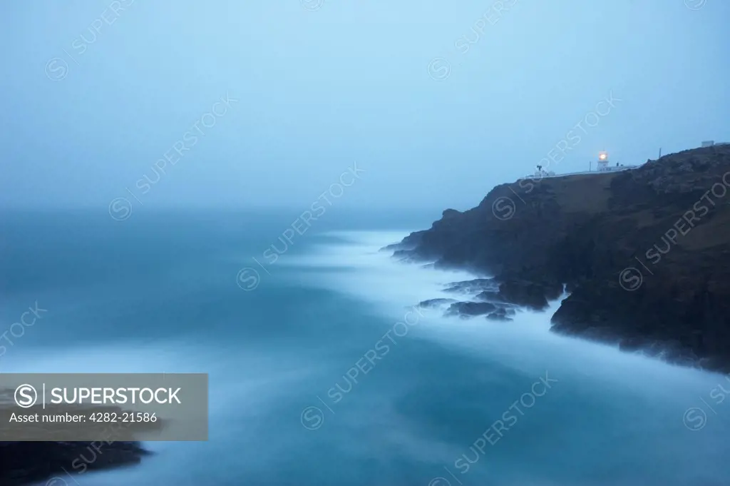 England, Cornwall, Pendeen Lighthouse. Pendeen Lighthouse on a misty evening.