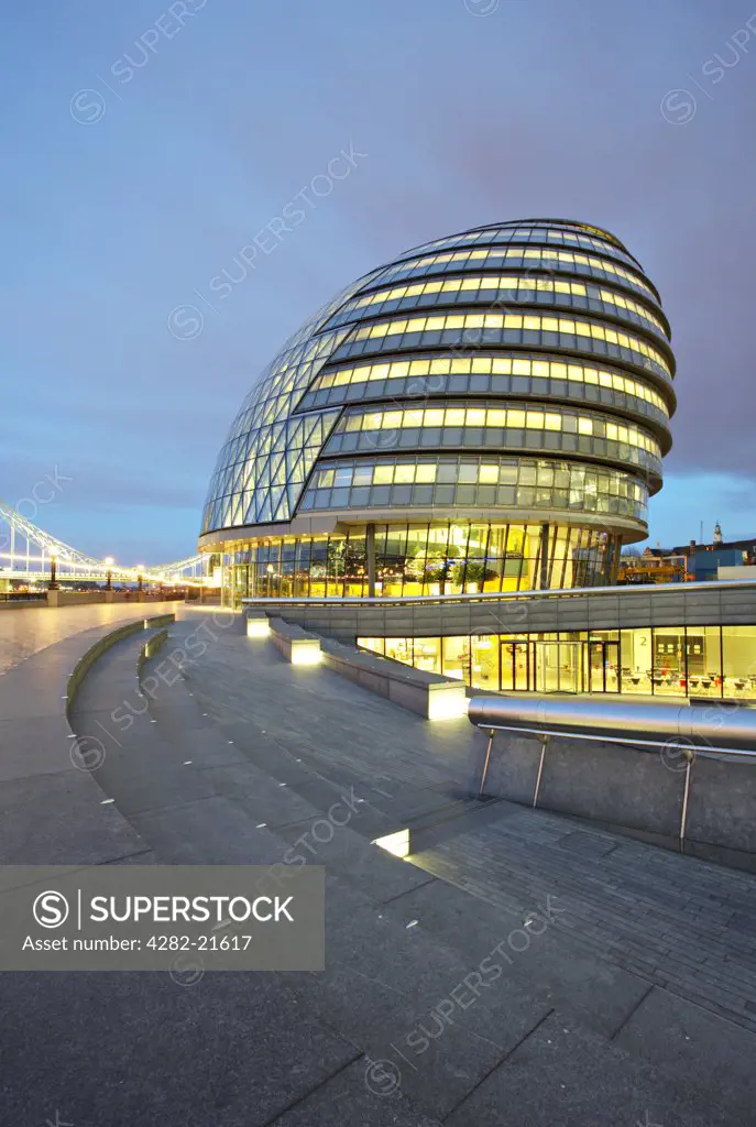 England, London, City Hall. City Hall at Night. City Hall is home to the Mayor of London, the London Assembly and the GLA.