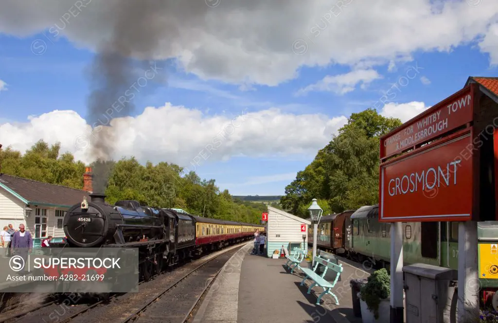 England, North Yorkshire, Grosmont. Steam train preparing to leave Grosmont station on the North Yorkshire Moors Railway.
