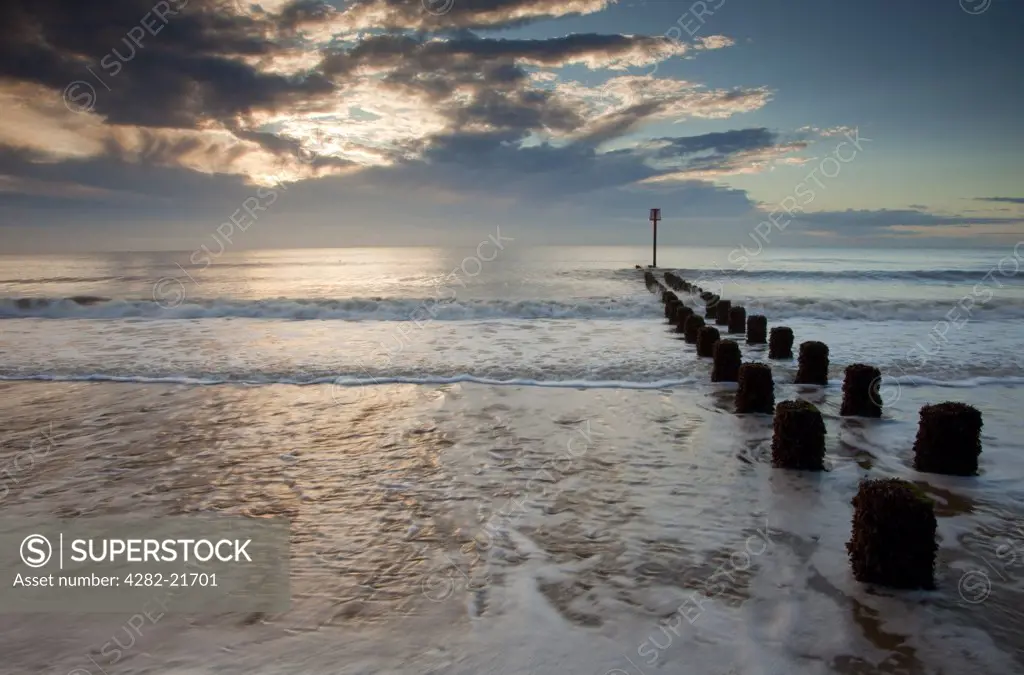 England, East Riding of Yorkshire, Bridlington. Bridlington's North Beach at sunrise.