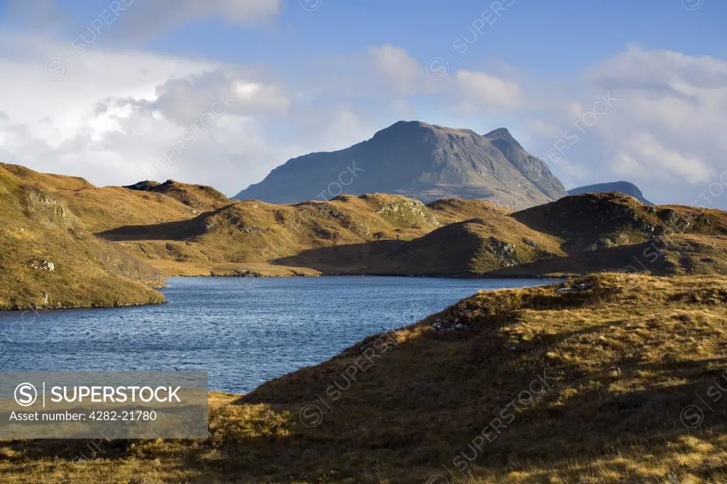 Scotland, Highland, Lochinver. View across the remote Loch Buine Moire in the north Scottish highlands.