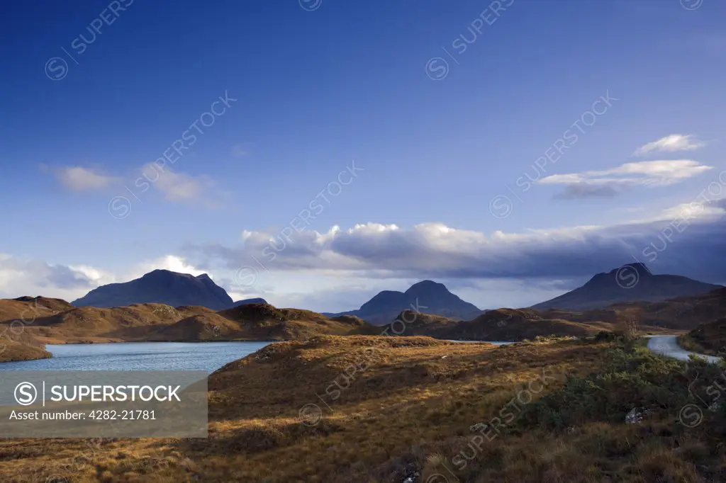 Scotland, Highland, Lochinver. View across the remote Loch Buine Moire in the north Scottish highlands.