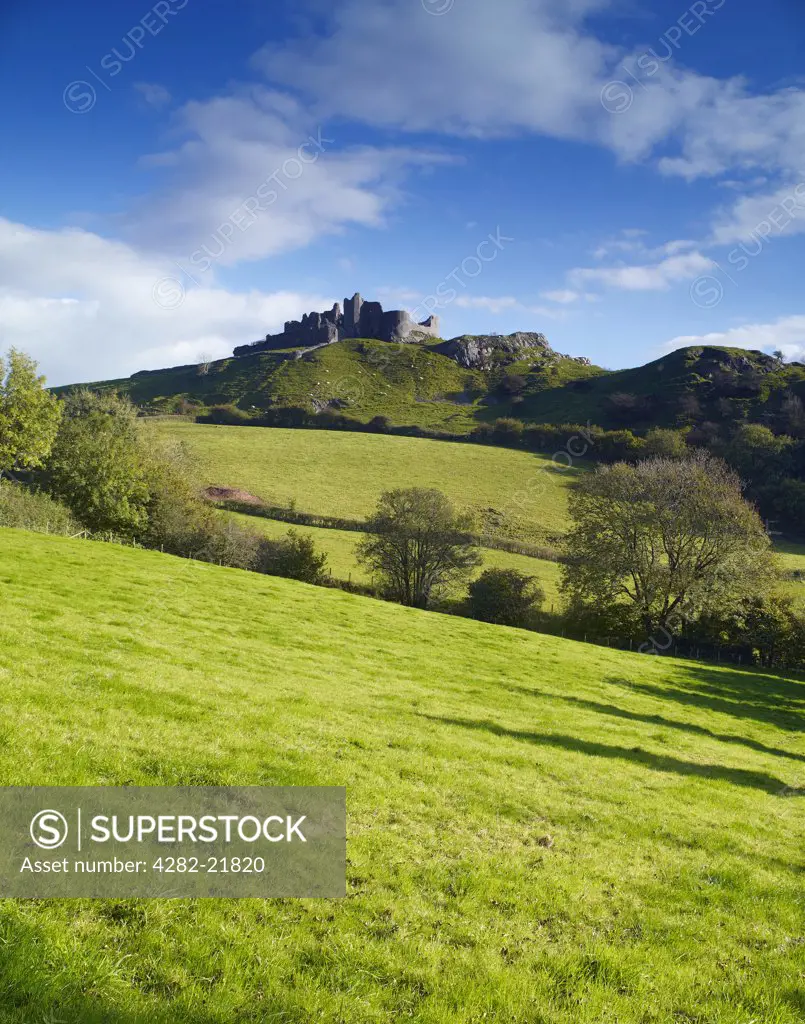 Wales, Carmarthenshire, Trapp. View across rolling hills towards Carreg Cennen Castle.