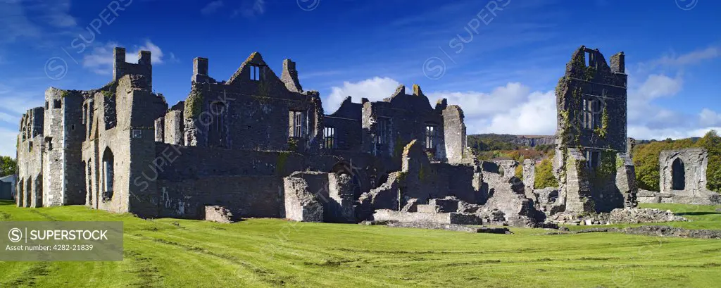 Wales, Neath Port Talbot, Neath. A panoramic view of the ruins of Neath Abbey, once the largest abbey in Wales.