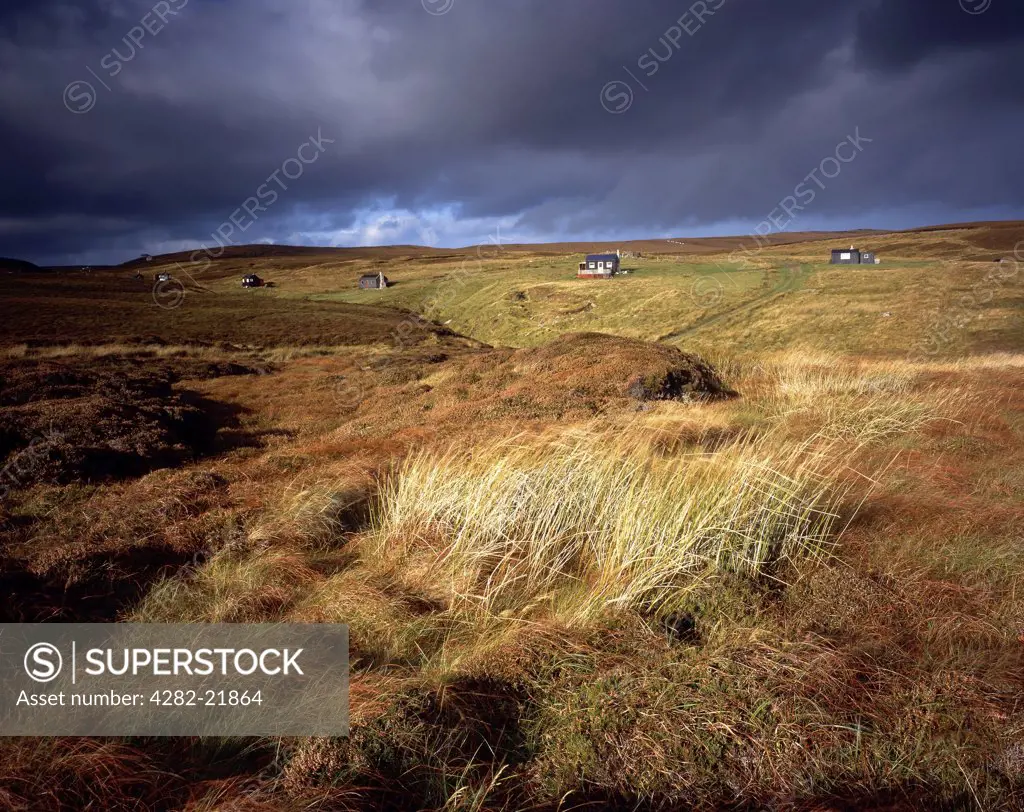 Scotland, Na h-Eileanan an Iar, Near Stornoway. View across rugged moorland towards a scattered row of crofter's cottages on the Isle of Lewis.