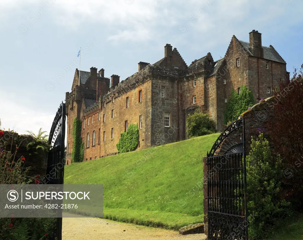 Scotland, North Ayrshire, Brodick. Brodick Castle which stands in an elevated position at the foot of Goatfell mountain on the island of Arran.