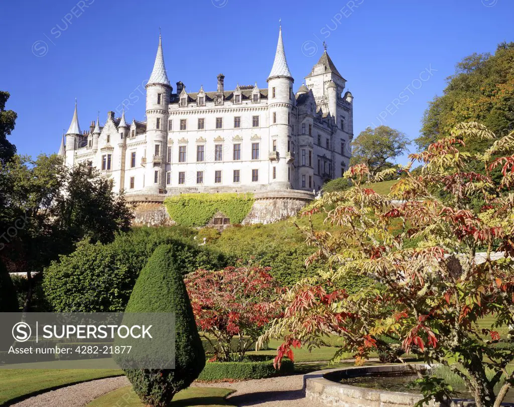 Scotland, Highland, Golspie. A view across the extensive walled garden of Dunrobin Castle, a stately home in Sutherland. The castle dates back to the middle ages though most of the present building was designed by Sir Charles Barry, the architect of the Palace of Westminster.