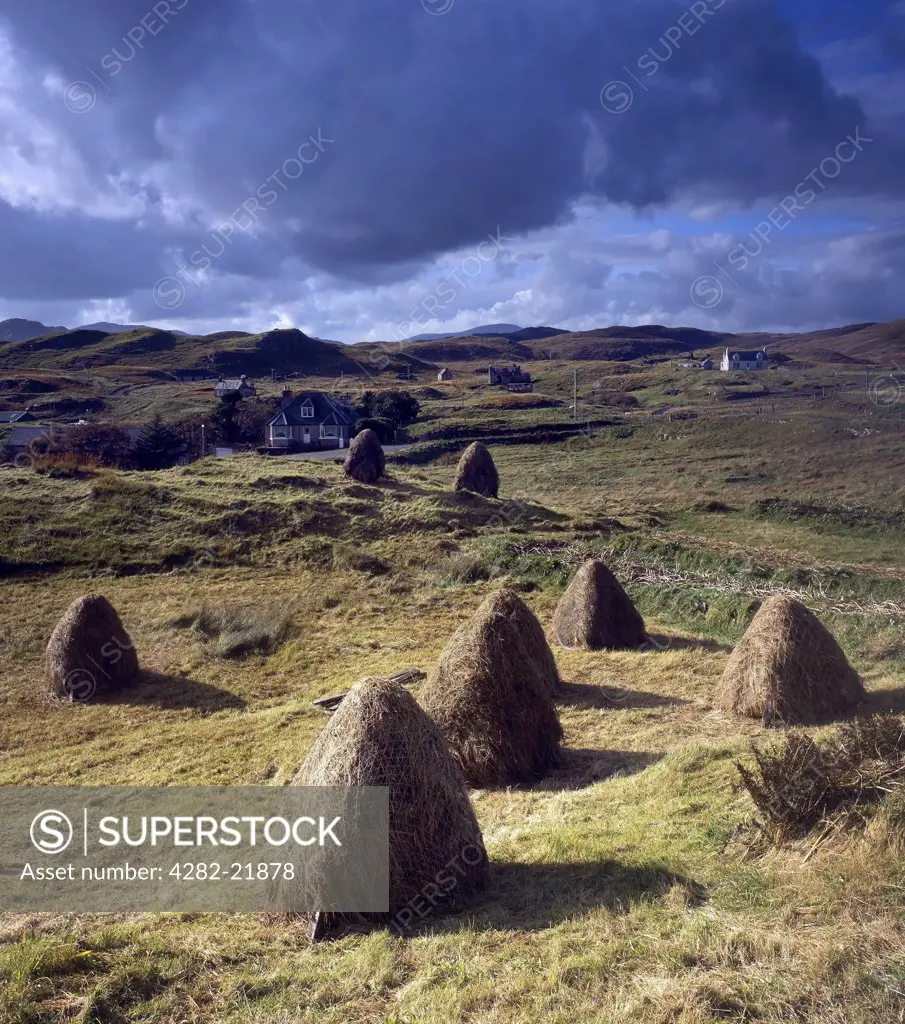 Scotland, Na h-Eileanan an Iar, Lacasaidh. View over traditional, hand gathered hay bales towards the scattered community of Lacasaidh on the Isle of Lewis.