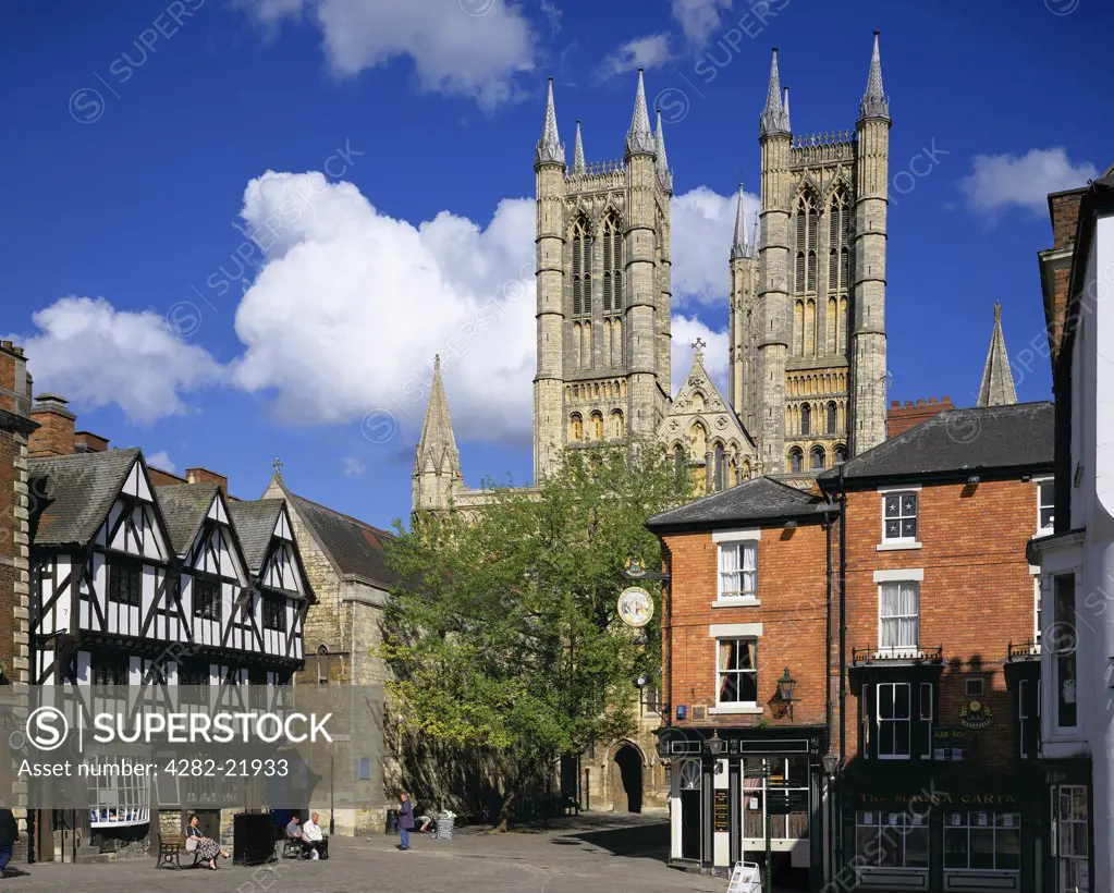 England, Lincolnshire, Lincoln. The old city centre from Castle Street, with the cathedral in the background.