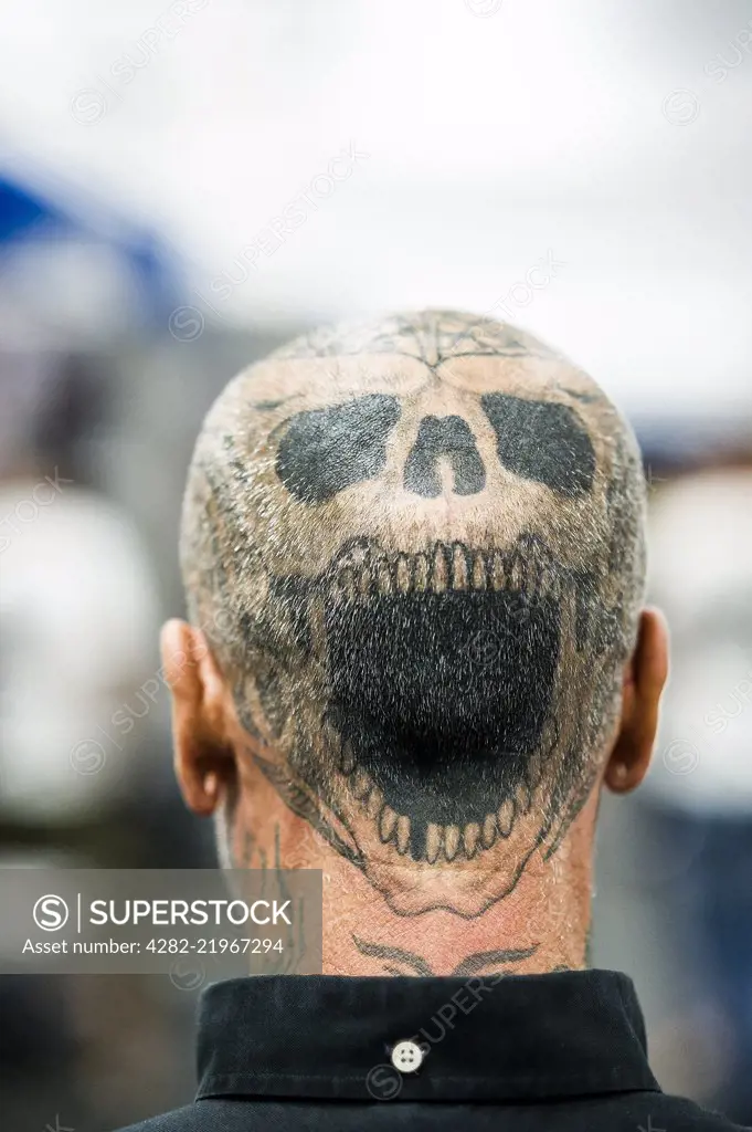 A tattoo on the head of a man at the Cornwall Tattoo Convention.