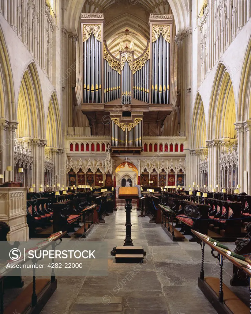 England, Somerset, Wells. The Quire with Organ at Wells Cathedral.