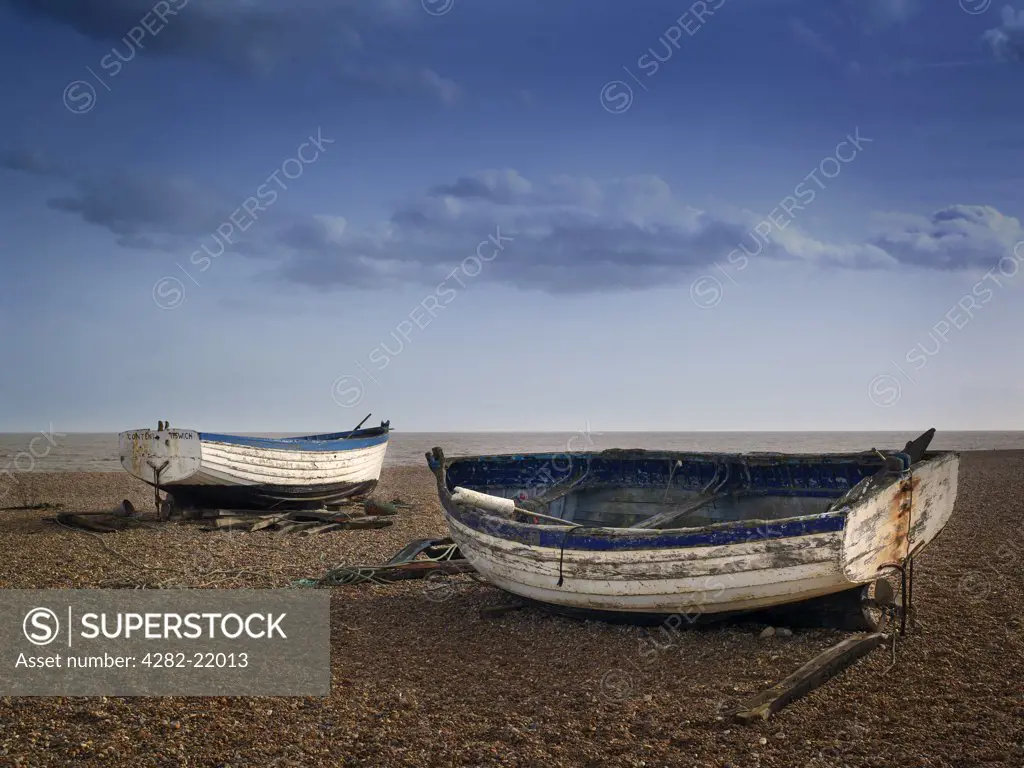 England, Suffolk, Aldeburgh. Fishing boats on the beach at Aldeburgh.