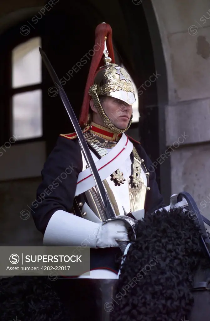 England, London, Whitehall. A soldier on horseback. The Blues and Royals (Royal Horse Guards and 1st Dragoons) are a British Army regiment and part of the Household Cavalry.