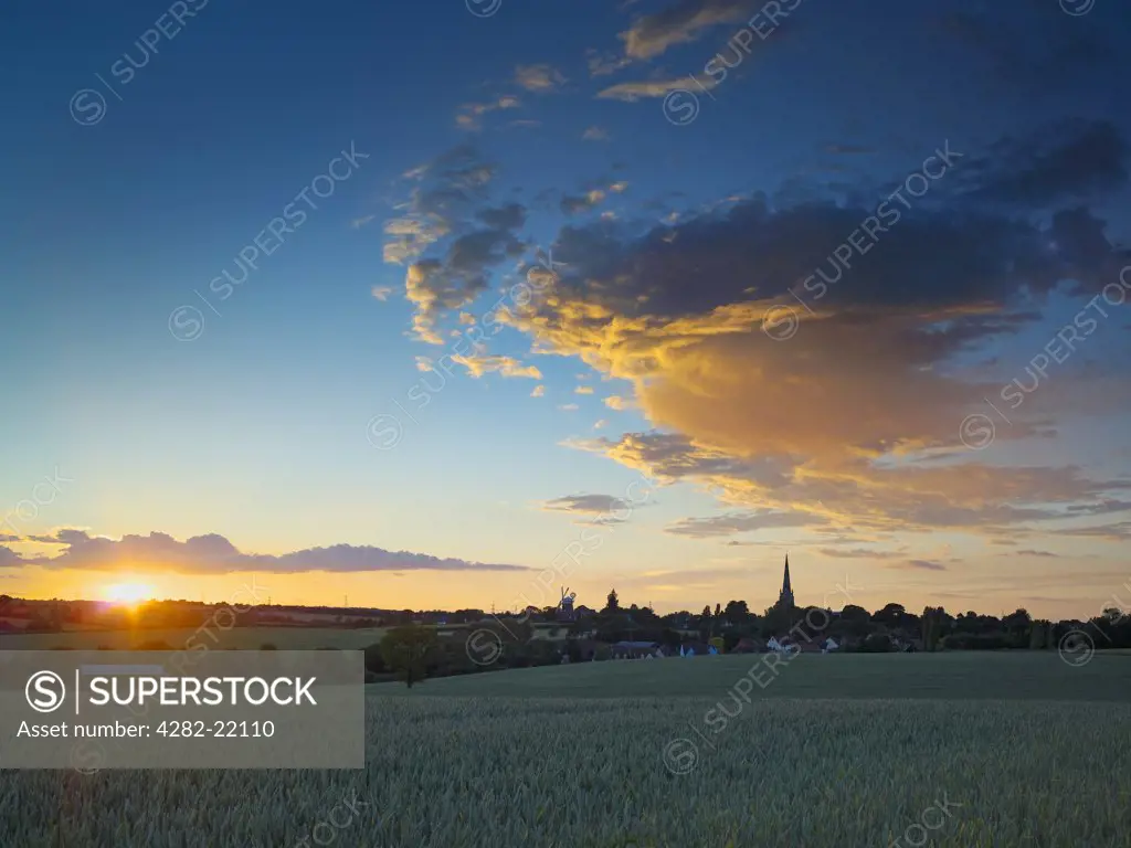 England, Essex, Thaxted. Thaxted church spire and buildings silhouetted by a dusk sky.
