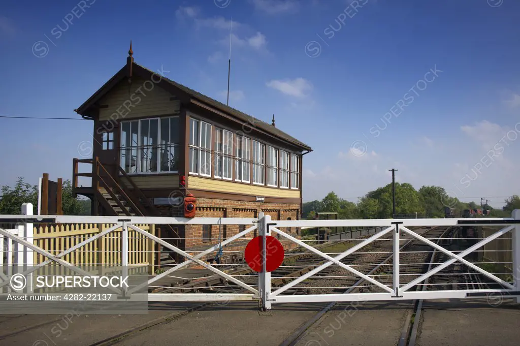 England, Cambridgeshire, Wansford. A view toward the Wansford signal box. It was built in 1907 by the London and North Western Railway to replace three smaller boxes.