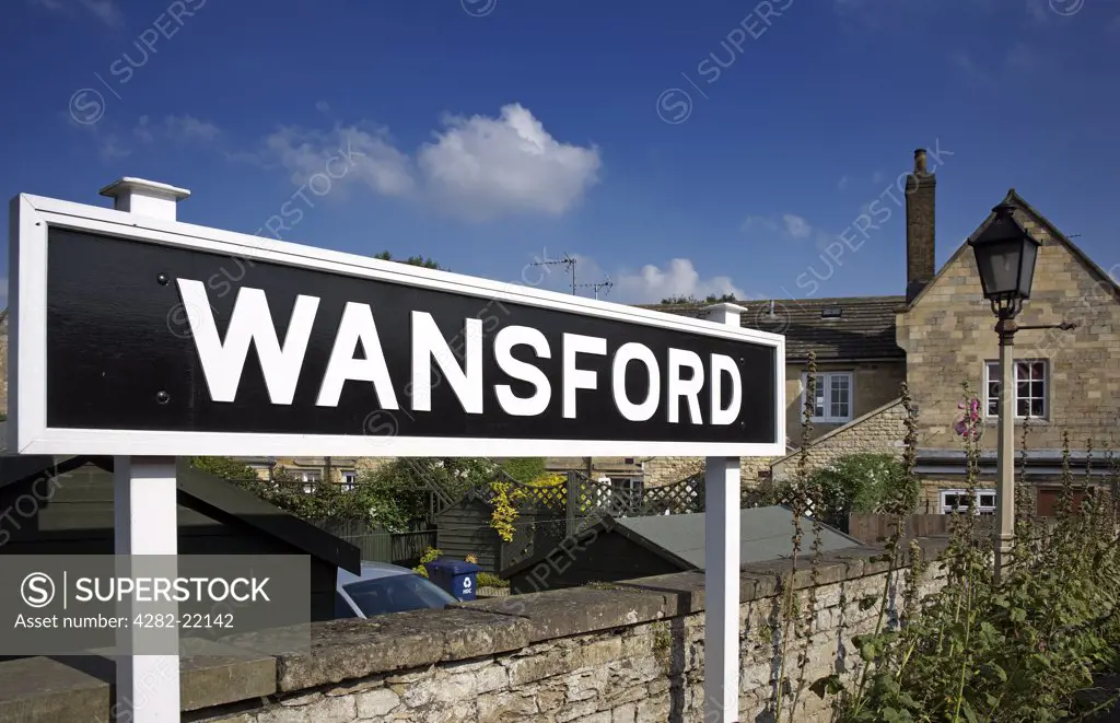 England, Cambridgeshire, Wansford. Wansford station sign on the Nene Valley Railway.