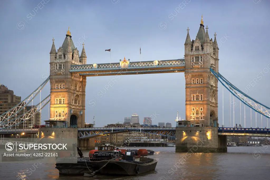 England, London, Tower Bridge. Tower Bridge at dusk.