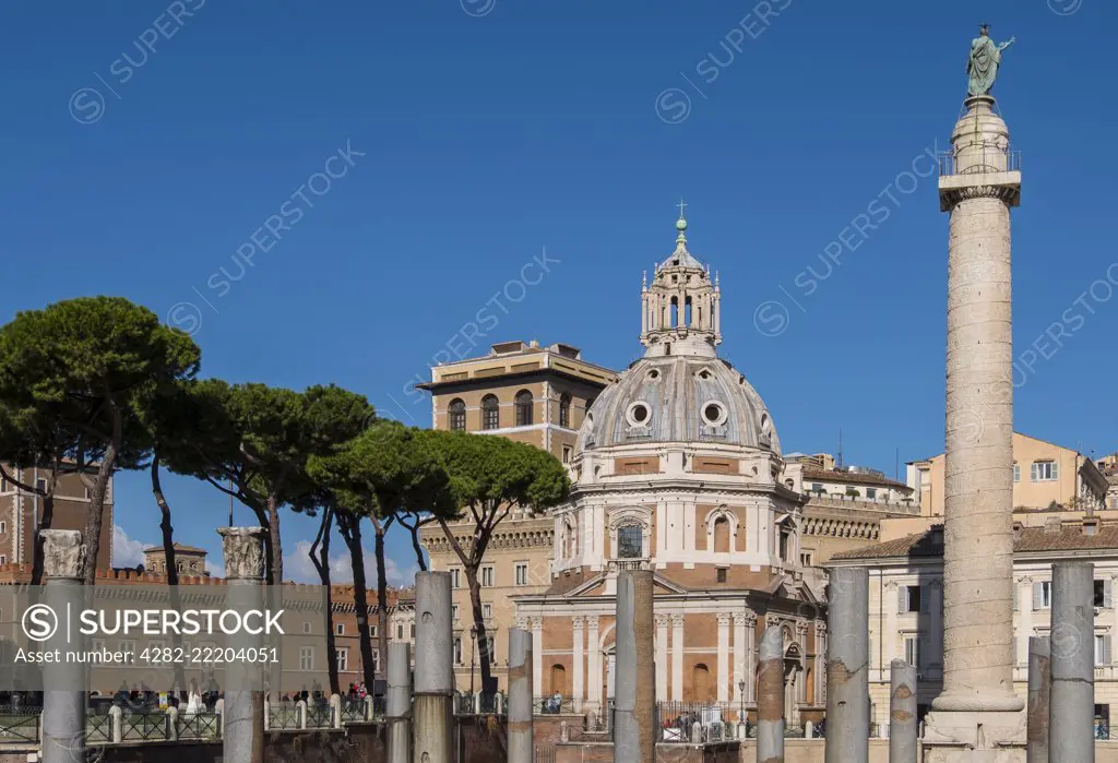 Trojan's Forum with Column and Santa Maria di Loreto on a crisp October morning in Rome.