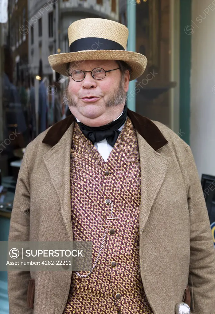 England, Kent, Rochester. A man dressed in Victorian clothing at the Dickens Festival in Rochester.