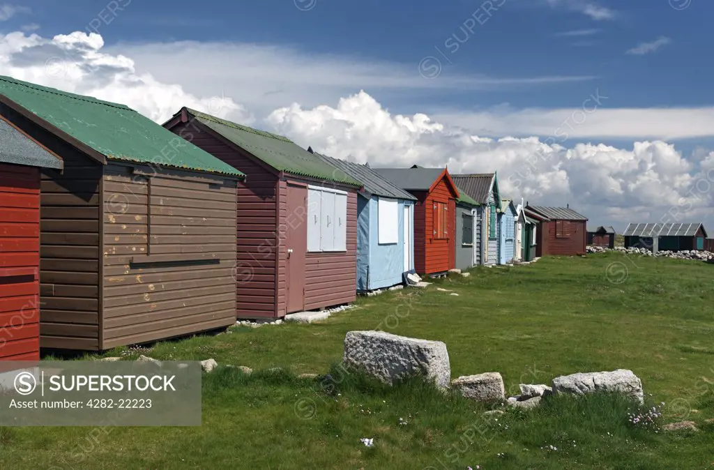 England, Dorset, Portland Bill. Beach huts at Portland Bill in Spring.