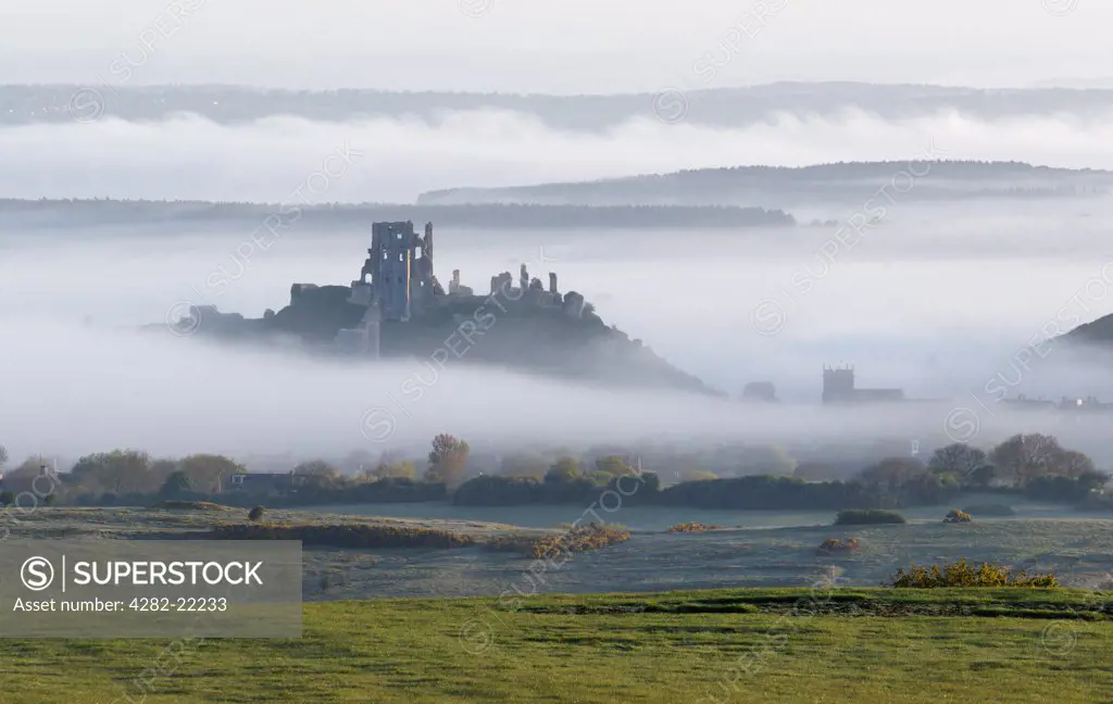 England, Dorset, Wareham. Corfe Castle commanding a gap in the Purbeck Hills shrouded in mist.