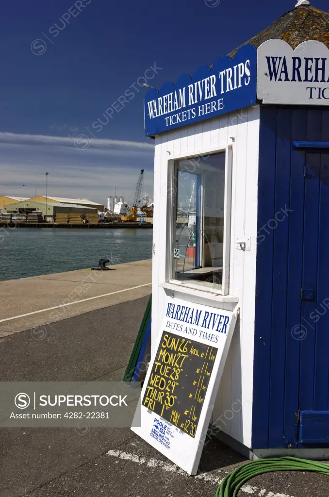 England, Dorset, Poole. A ticket booth selling Wareham River Trips in Poole.