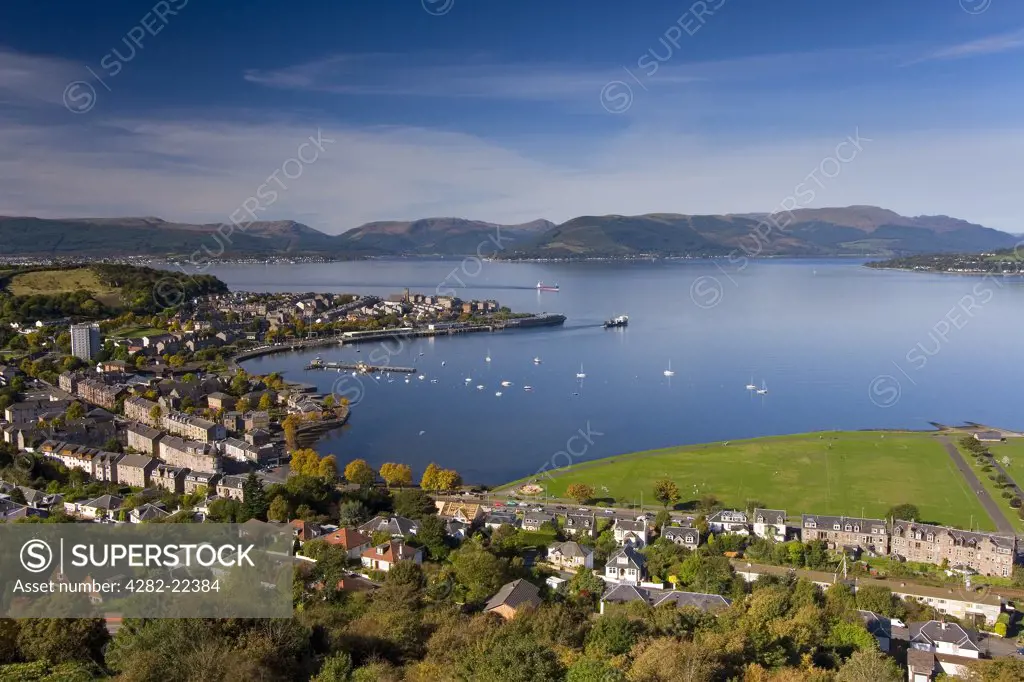 Scotland, Inverclyde, Gourock. Looking down from Lyle Hill over Gourock and Cardwell Bay across the River Clyde towards the mountains of Argyll.