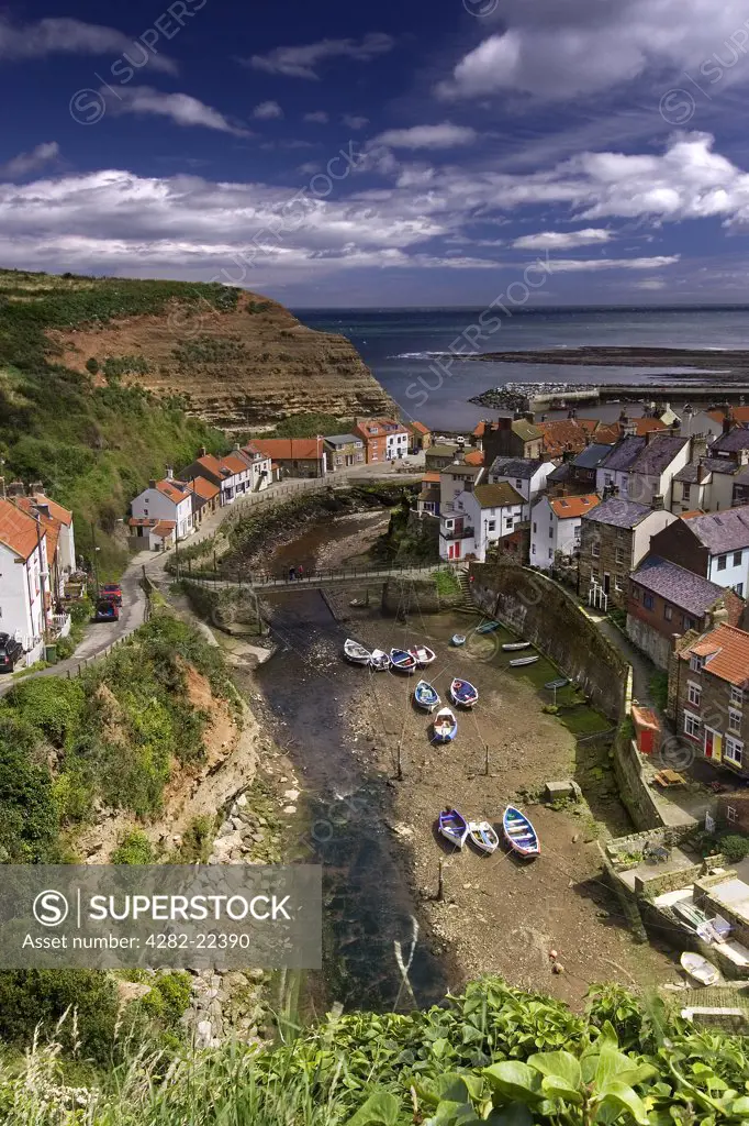 England, North Yorkshire, Staithes. A view down toward the fishing village of Staithes.