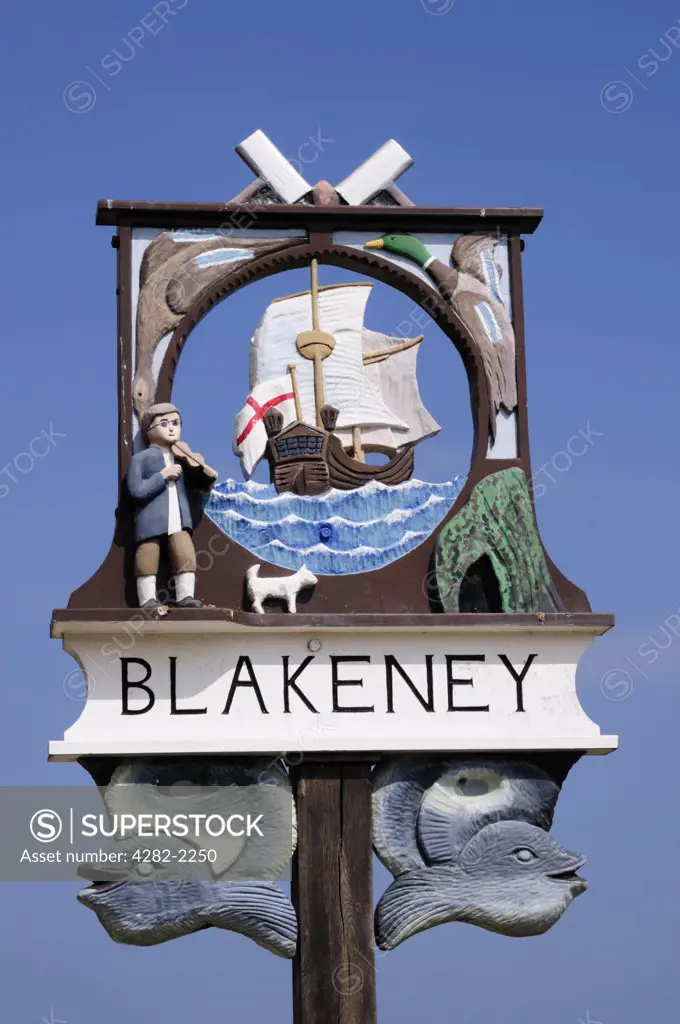 England, Norfolk, Blakeney. Blakeney Village Sign.