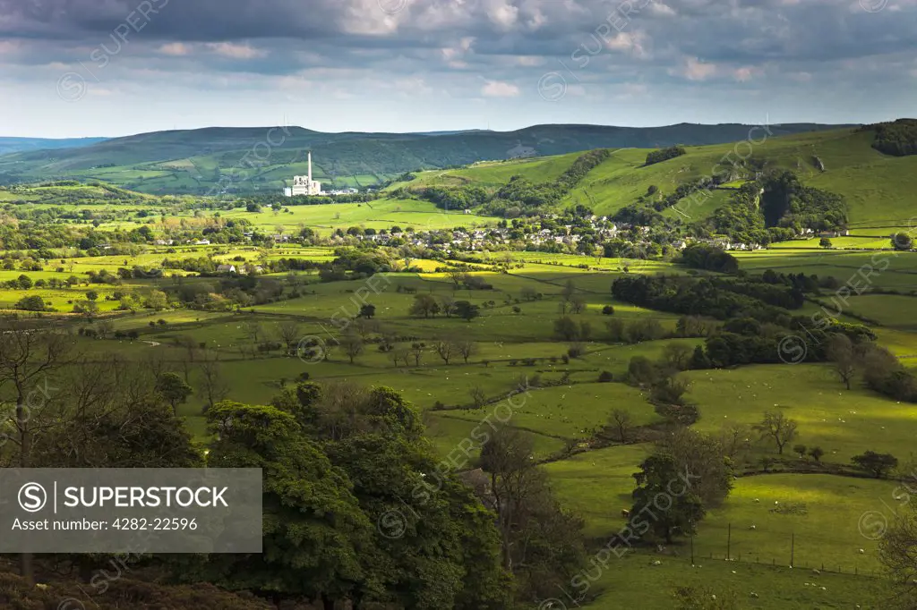 England, Derbyshire, Hope. The cement works dominate the landscape of the Hope Valley in the Peak District National Park.