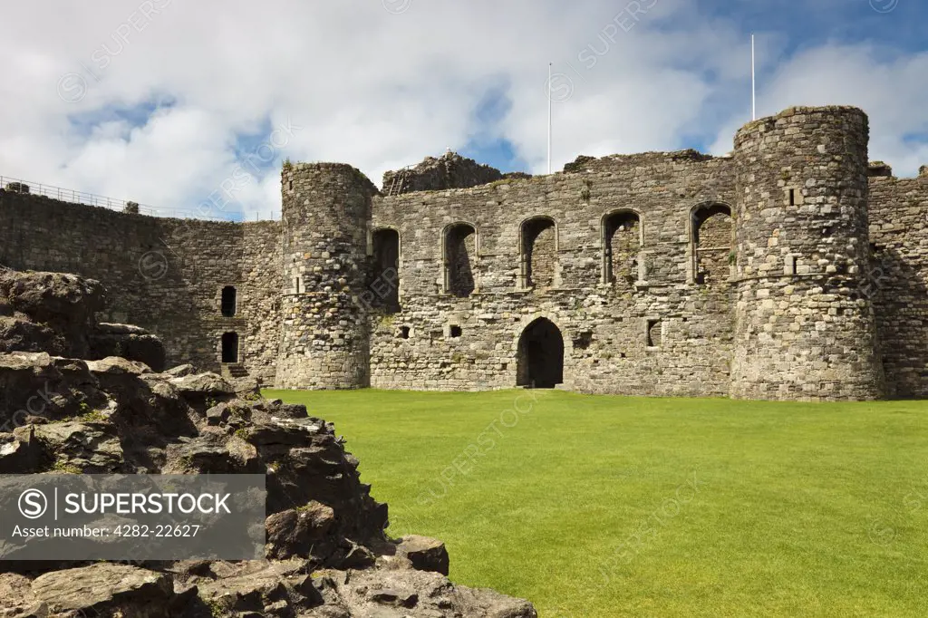 Wales, Anglesey, Beaumaris. The inner ward of Beaumaris Castle, the last and largest of the castles to be built by King Edward I in Wales.