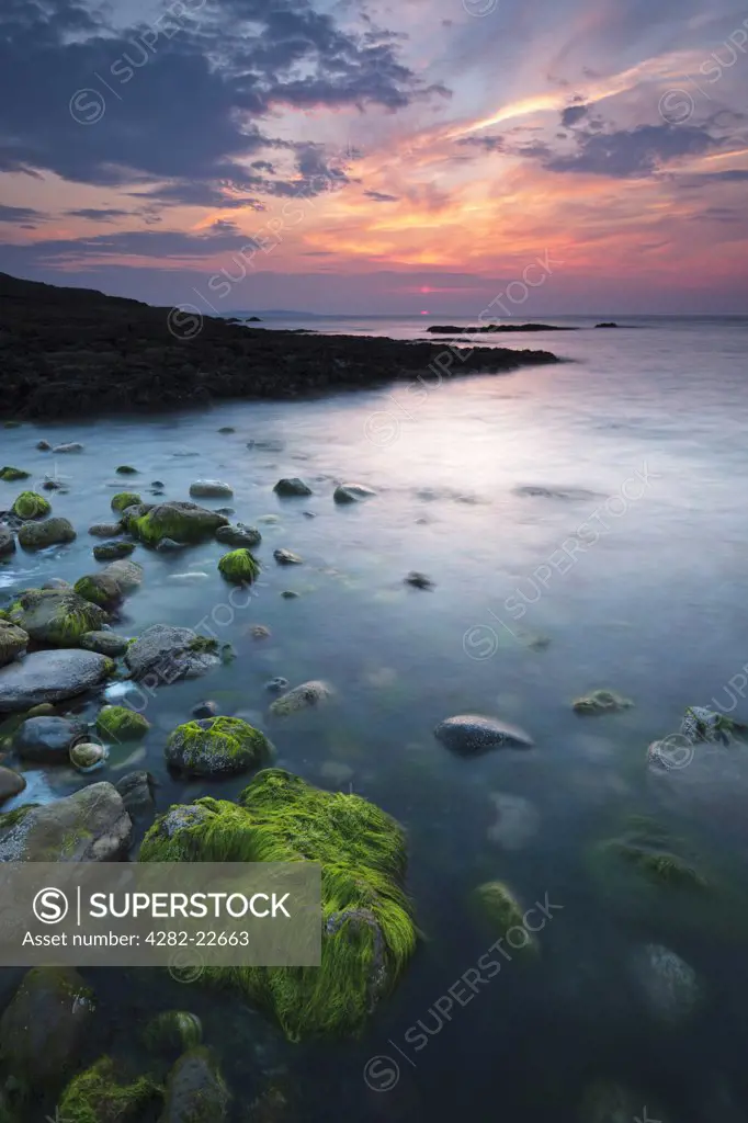 Wales, Anglesey, Penmon. Sunset over green seaweed covered rocks at Penmon point on the Isle of Anglesey.
