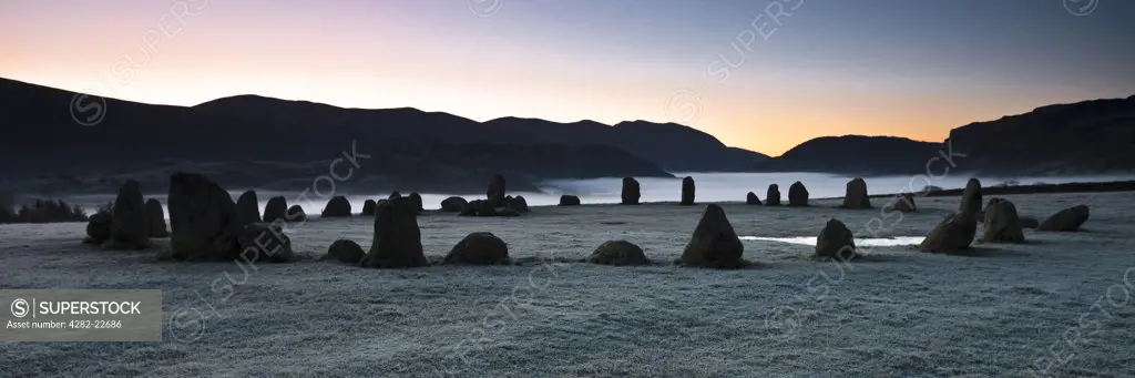 England, Cumbria, near Keswick. A misty morning at the Castlerigg Stone Circle, one of the most visually impressive prehistoric monuments in Britain.