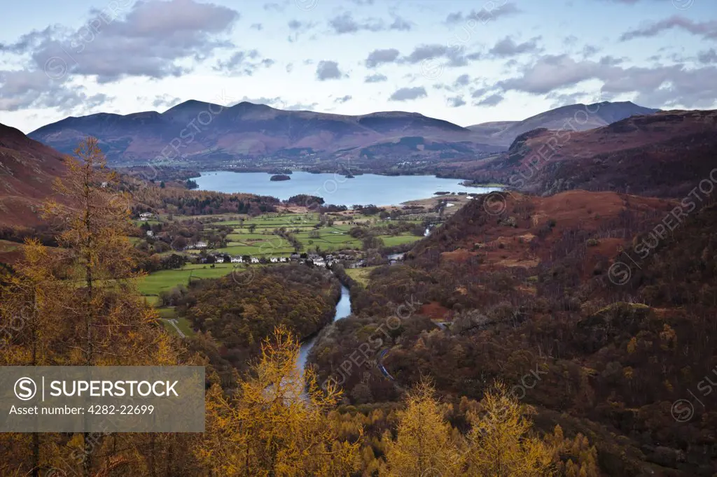 England, Cumbria, near Keswick. A view of the Derwent valley from Castle Crag in the Lake District.